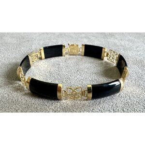 Vintage 14K GOLD Black JADE LINK BRACELET Elegant 7" Chinese Characters 8.61g